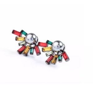 Grey Pearl & Colorful Crystal Stud Chic Earrings